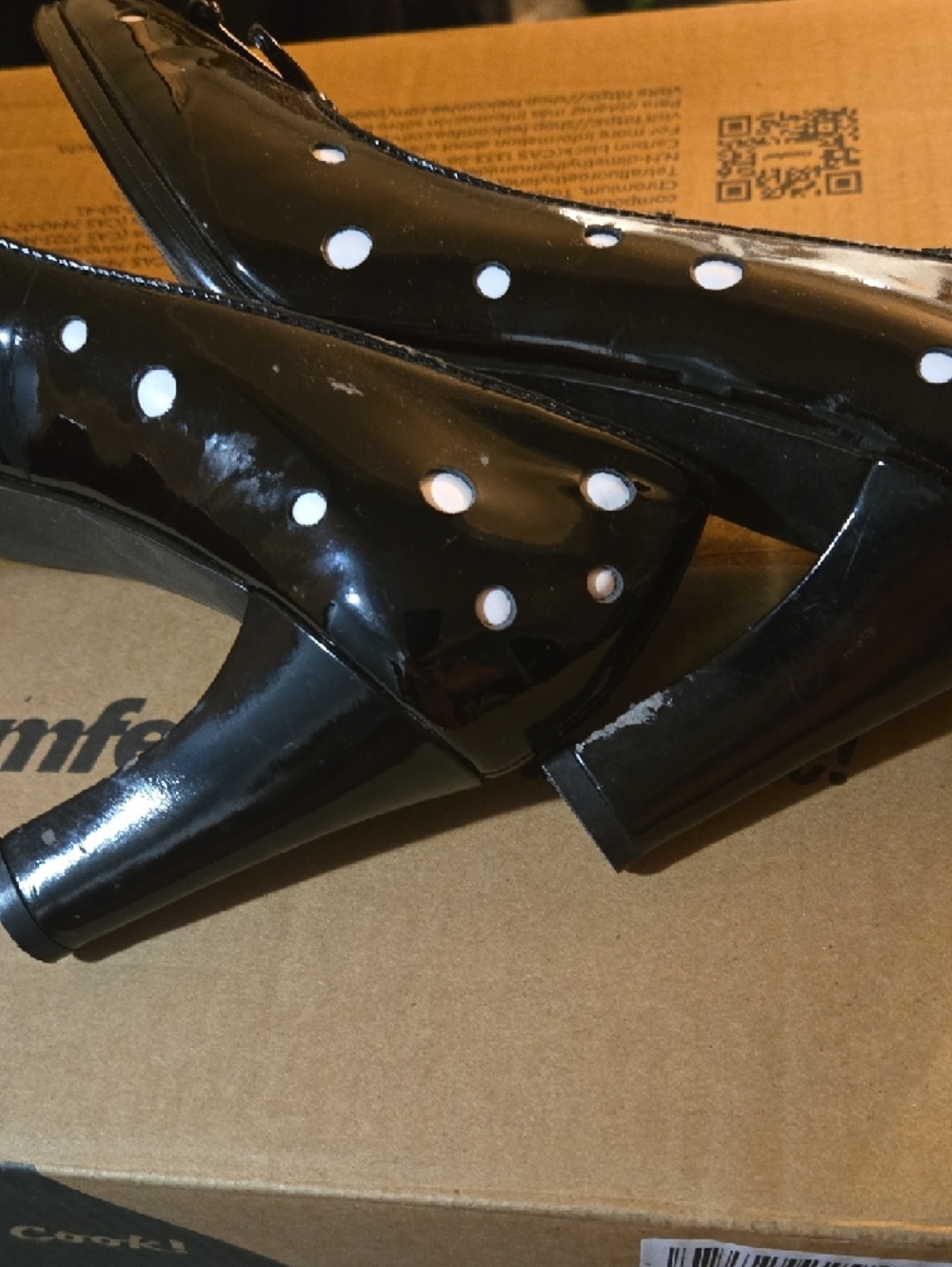 Black Patent Leather Pumps with White Polka Dots - Women - Picture 13 of 14